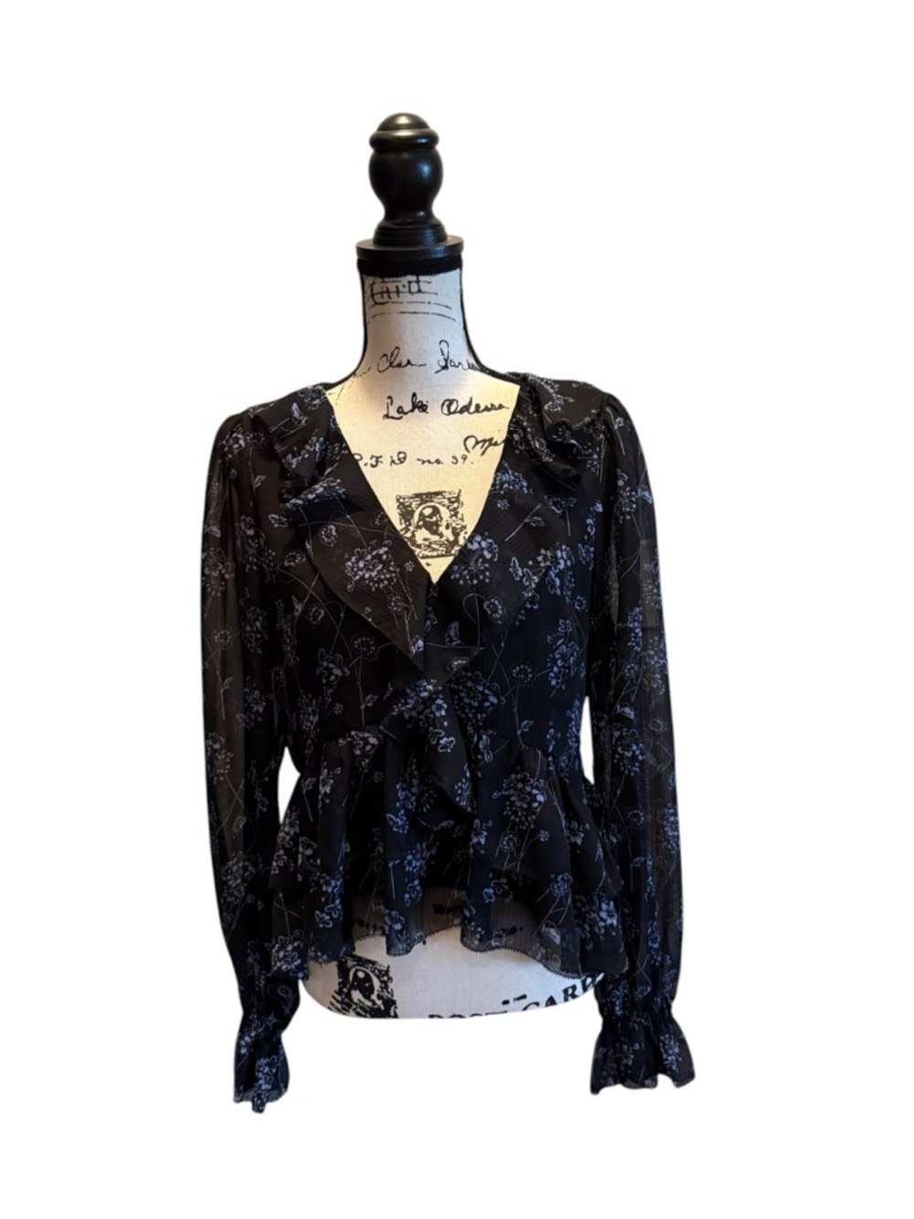 Cinq a Sept Ruffle Floral Blouse Black Blue Size Medium NWOT Flare Office